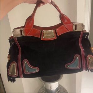 Gucci Large Suede Leather Tote Satchel Red Black Metal Detail Authentic